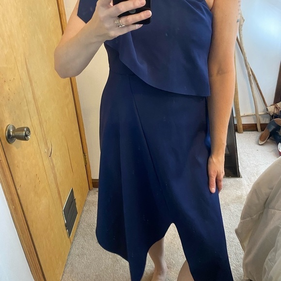 Topshop Ruffle One Shoulder Asymmetrical Hem Blue Scuba Dress - Picture 14 of 16